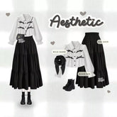 Aesi Oneset Outfit Black & White Remaja Set OOTD Wanita Cute Kekinian - KK232
