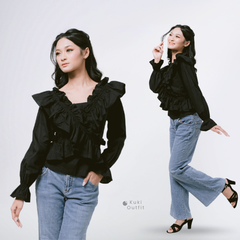 KUKI OUTFIT - Atasan Callista Ruffle Blossom Blouse Katun Poplin Lengan Panjang Casual