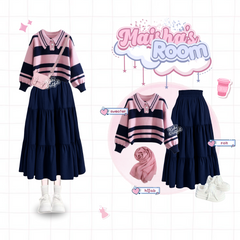 Maisha One Set Lucu Wanita Kekinian Korean Style Outfit Pink Navy KA48