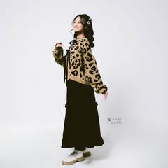 KUKI OUTFIT - One Set Cardigan Rajut Motif Leopard Pita Knitwear + Rok Soft Cotton
