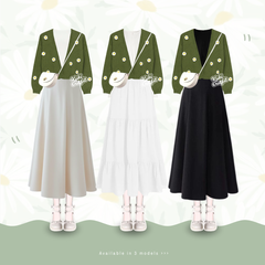 Kuki Outfit - Aynera Army One Set Cardigan Floral Dress Lebaran Remaja KA92
