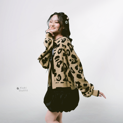 KUKI OUTFIT - Cardigan Rajut Motif Leopard Lembut Pita Knitwear Oversize Ribbon Lepas Pasang