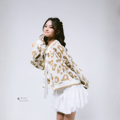 KUKI OUTFIT - Cardigan Rajut Motif Leopard Pita Knitwear Oversize Ribbon Lepas Pasang