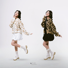 KUKI OUTFIT - Cardigan Rajut Motif Leopard Lembut Pita Knitwear Oversize Ribbon Lepas Pasang
