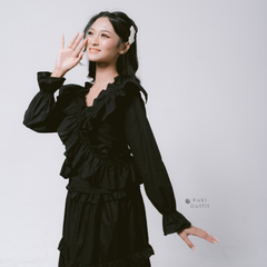KUKI OUTFIT - One Set Black Blouse Wanita Polos Katun Ruffle + Rok Cotton Susun Nyaman Dipakai Callista