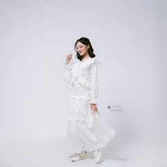 KUKI OUTFIT - One Set White Blouse Wanita Polos Katun Ruffle + Rok Cotton Susun Nyaman Dipakai Callista