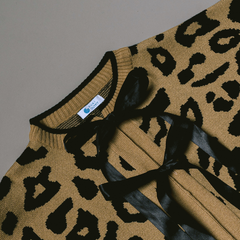KUKI OUTFIT - Cardigan Rajut Motif Leopard Lembut Pita Knitwear Oversize Ribbon Lepas Pasang