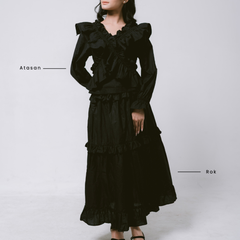 KUKI OUTFIT - One Set Black Blouse Wanita Polos Katun Ruffle + Rok Cotton Susun Nyaman Dipakai Callista