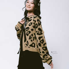 KUKI OUTFIT - One Set Cardigan Rajut Motif Leopard Pita Knitwear + Rok Soft Cotton