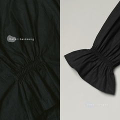 KUKI OUTFIT - One Set Black Blouse Wanita Polos Katun Ruffle + Rok Cotton Susun Nyaman Dipakai Callista