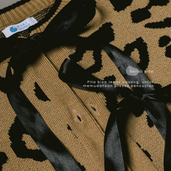 KUKI OUTFIT - Cardigan Rajut Motif Leopard Lembut Pita Knitwear Oversize Ribbon Lepas Pasang