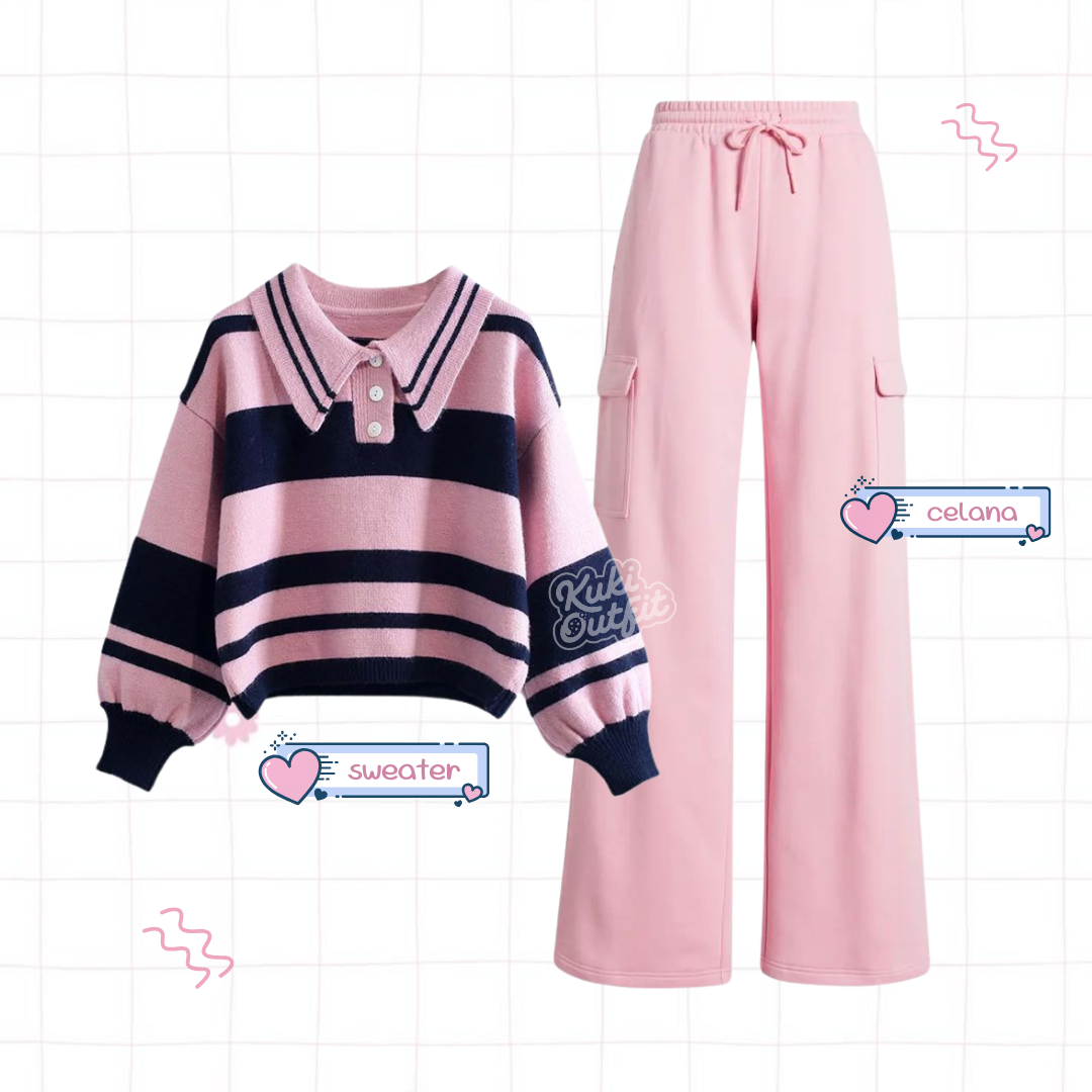 Maisha One Set Lucu Wanita Kekinian Korean Style Outfit Pink Navy KA48