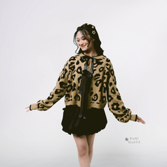 KUKI OUTFIT - Cardigan Rajut Motif Leopard Lembut Pita Knitwear Oversize Ribbon Lepas Pasang