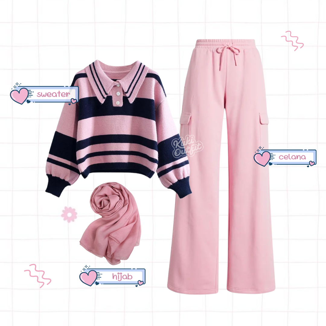Maisha One Set Lucu Wanita Kekinian Korean Style Outfit Pink Navy KA48