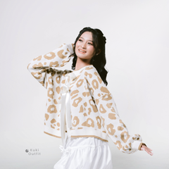 KUKI OUTFIT - Cardigan Rajut Motif Leopard Lembut Pita Knitwear Oversize Ribbon Lepas Pasang