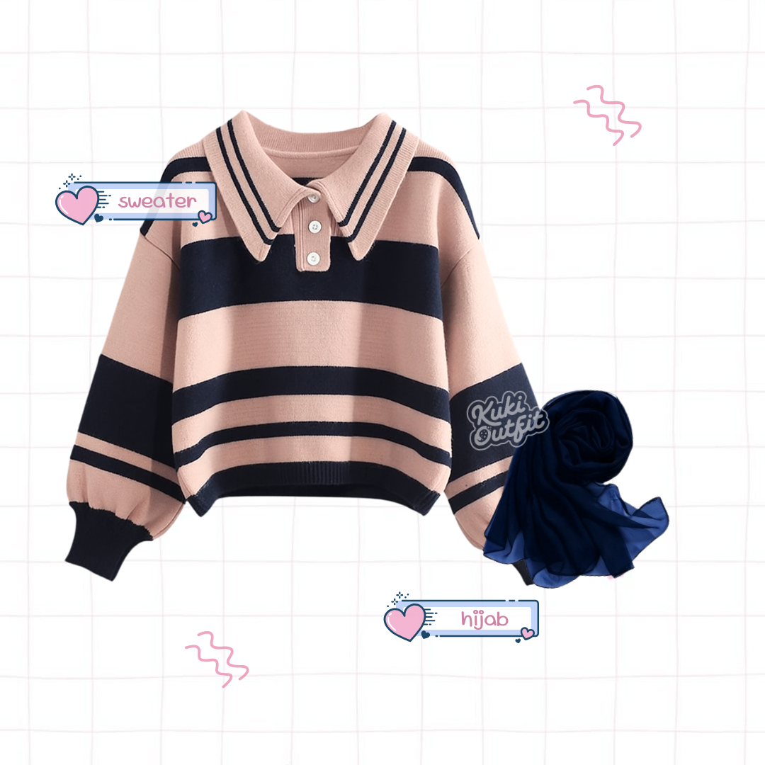 Maisha One Set Lucu Wanita Kekinian Korean Style Outfit Pink Navy KA48