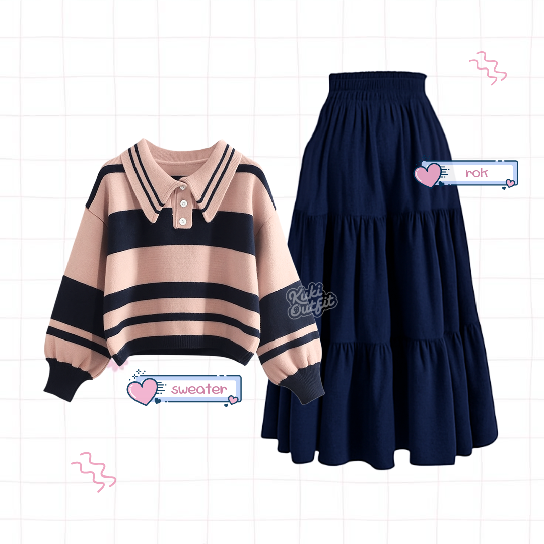 Maisha One Set Lucu Wanita Kekinian Korean Style Outfit Pink Navy KA48