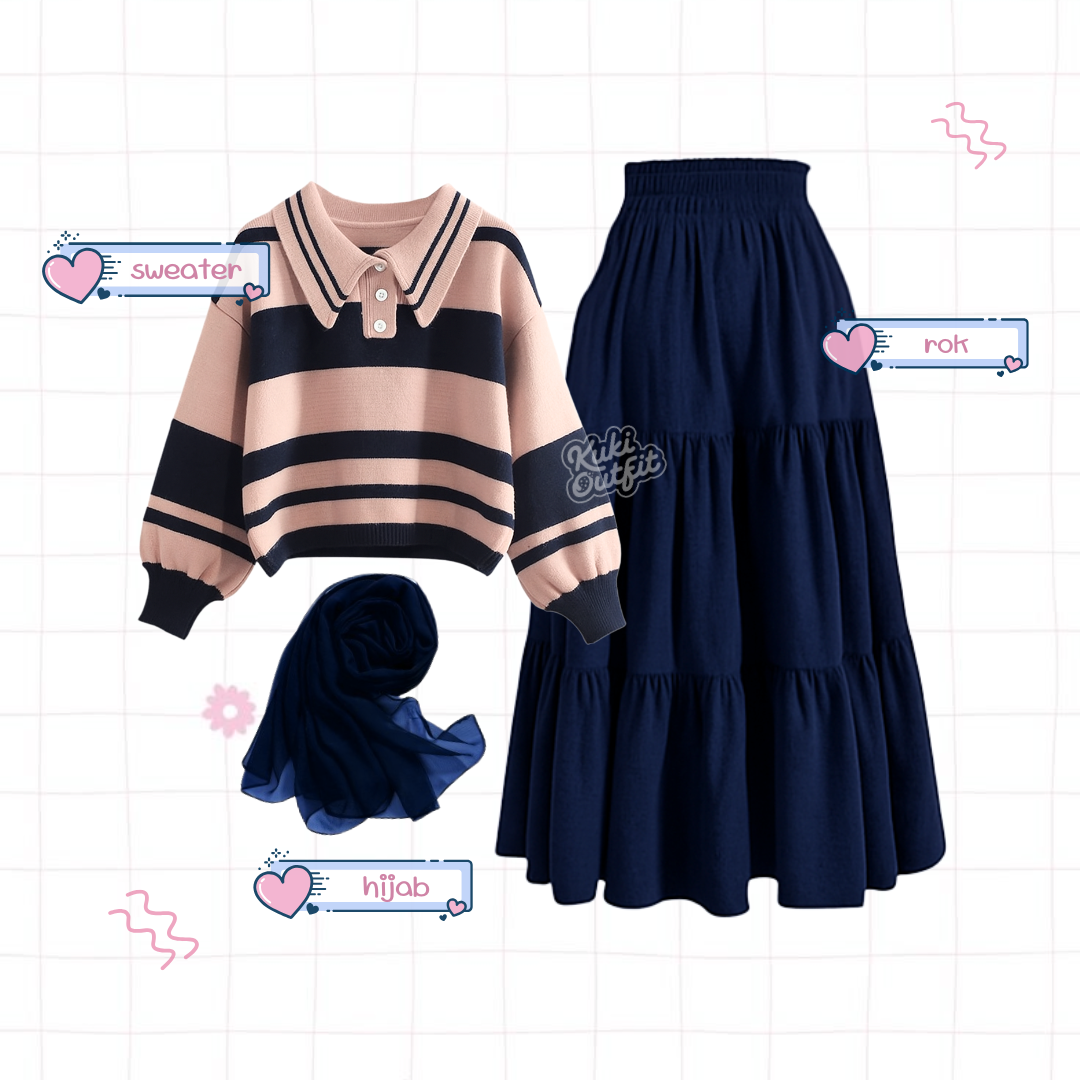 Maisha One Set Lucu Wanita Kekinian Korean Style Outfit Pink Navy KA48