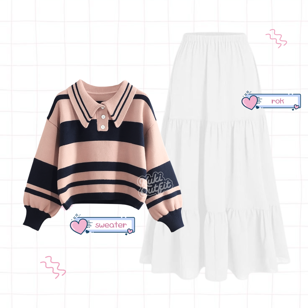 Maisha One Set Lucu Wanita Kekinian Korean Style Outfit Pink Navy KA48