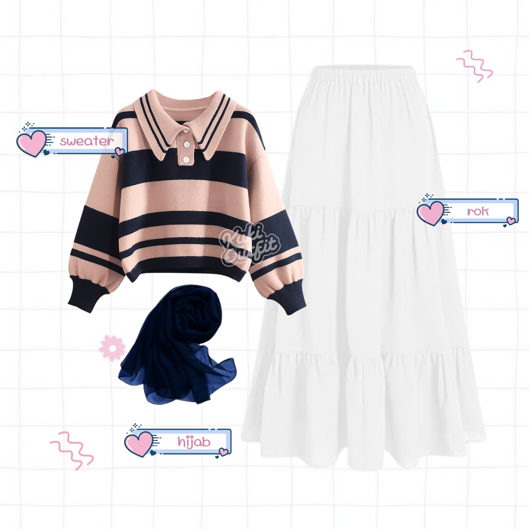 Maisha One Set Lucu Wanita Kekinian Korean Style Outfit Pink Navy KA48