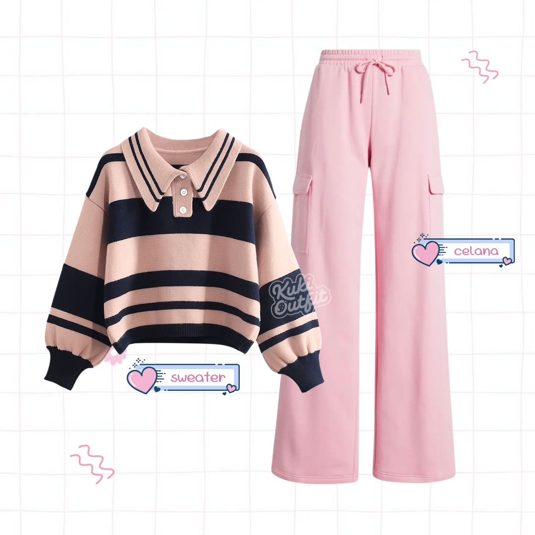 Maisha One Set Lucu Wanita Kekinian Korean Style Outfit Pink Navy KA48