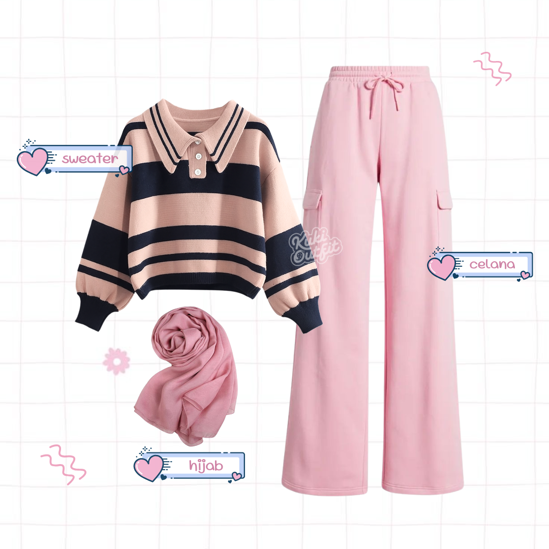 Maisha One Set Lucu Wanita Kekinian Korean Style Outfit Pink Navy KA48