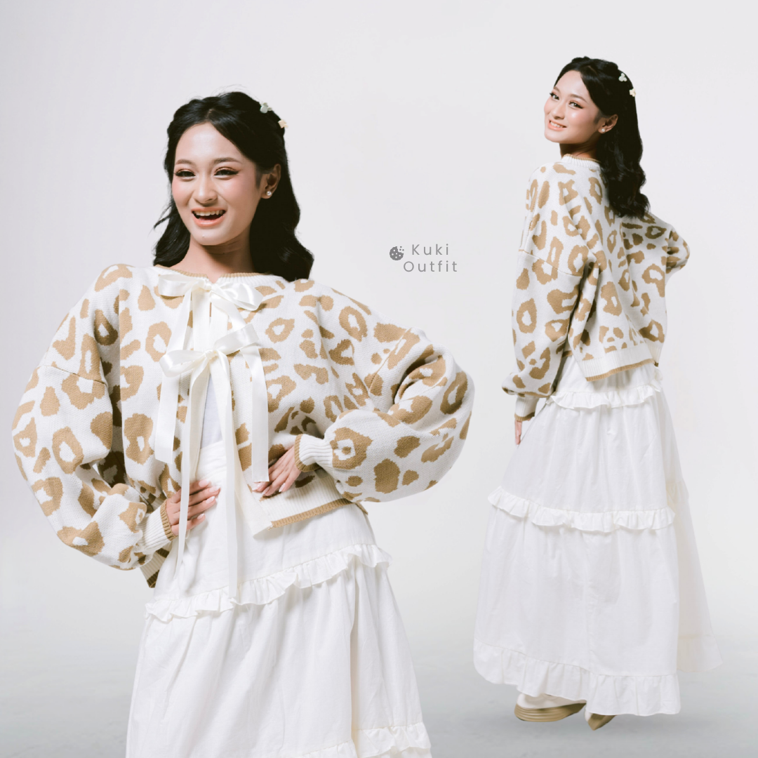 KUKI OUTFIT - One Set Cardigan Rajut Motif Leopard Pita Knitwear + Rok Soft Cotton