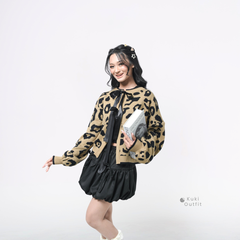KUKI OUTFIT - Cardigan Rajut Motif Leopard Lembut Pita Knitwear Oversize Ribbon Lepas Pasang