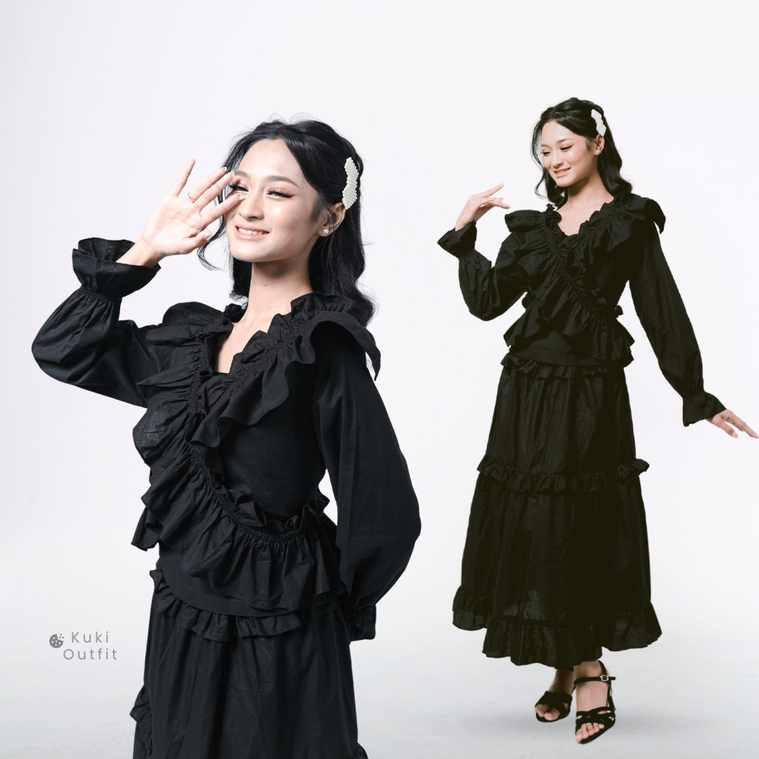 KUKI OUTFIT - One Set Black Blouse Wanita Polos Katun Ruffle + Rok Cotton Susun Nyaman Dipakai Callista