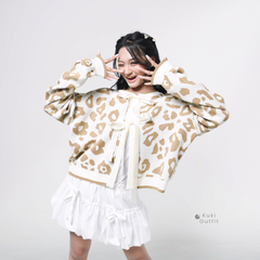 KUKI OUTFIT - Cardigan Rajut Motif Leopard Pita Knitwear Oversize Ribbon Lepas Pasang