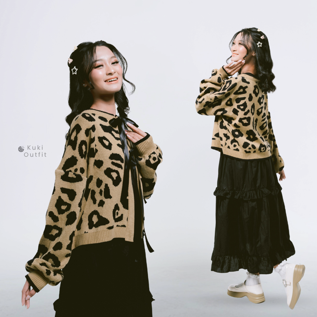 KUKI OUTFIT - One Set Cardigan Rajut Motif Leopard Pita Knitwear + Rok Soft Cotton