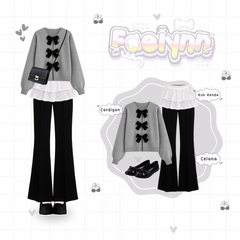KUKI OUTFIT - 1 Set Atasan Korean 3in1 Sweater Celana Lace Skirt | Style Hangout Remaja Kece Atasan Pita Lucu Terbaru Terkini KD01