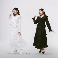 KUKI OUTFIT - One Set Black Blouse Wanita Polos Katun Ruffle + Rok Cotton Susun Nyaman Dipakai Callista
