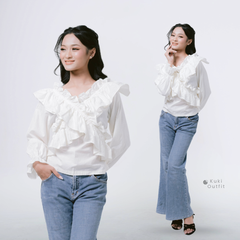 KUKI OUTFIT - Atasan Callista Ruffle Blossom Blouse Katun Lengan Panjang Casual