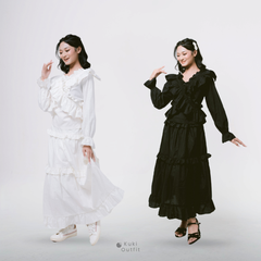 KUKI OUTFIT - One Set White Blouse Wanita Polos Katun Ruffle + Rok Cotton Susun Nyaman Dipakai Callista