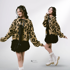 KUKI OUTFIT - Cardigan Rajut Motif Leopard Lembut Pita Knitwear Oversize Ribbon Lepas Pasang