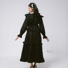 KUKI OUTFIT - One Set Black Blouse Wanita Polos Katun Ruffle + Rok Cotton Susun Nyaman Dipakai Callista