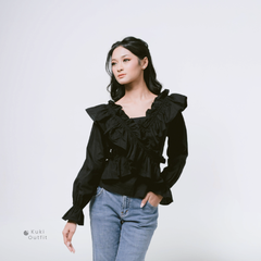 KUKI OUTFIT - Atasan Callista Ruffle Blossom Blouse Katun Poplin Lengan Panjang Casual