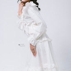 KUKI OUTFIT - One Set White Blouse Wanita Polos Katun Ruffle + Rok Cotton Susun Nyaman Dipakai Callista