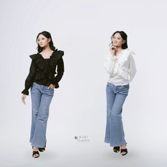 KUKI OUTFIT - Atasan Callista Ruffle Blossom Blouse Katun Poplin Lengan Panjang Casual
