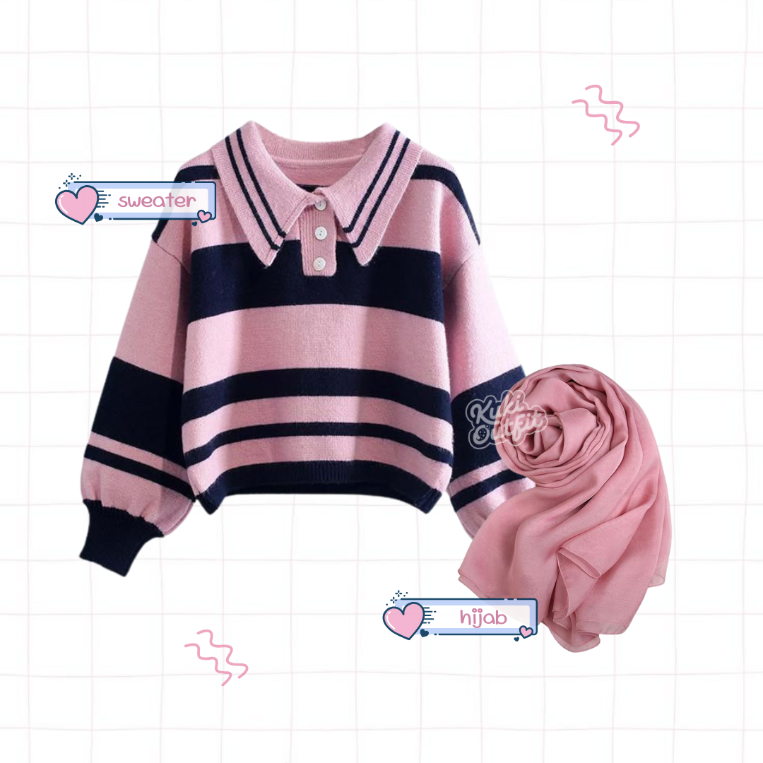 Maisha One Set Lucu Wanita Kekinian Korean Style Outfit Pink Navy KA48