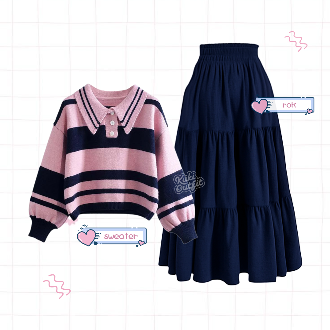 Maisha One Set Lucu Wanita Kekinian Korean Style Outfit Pink Navy KA48