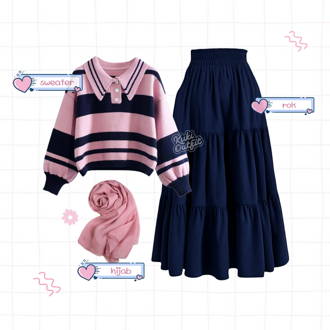 Maisha One Set Lucu Wanita Kekinian Korean Style Outfit Pink Navy KA48