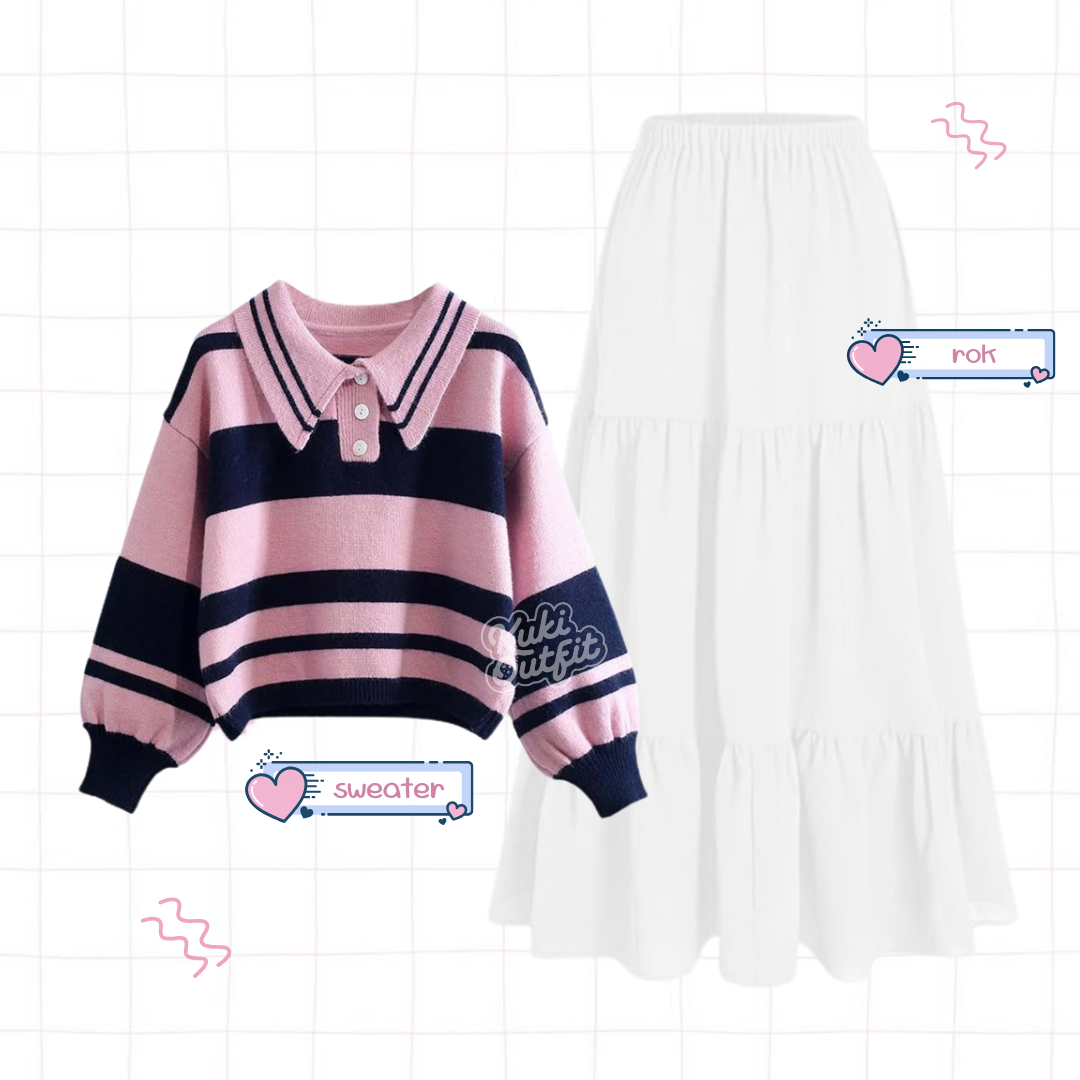 Maisha One Set Lucu Wanita Kekinian Korean Style Outfit Pink Navy KA48