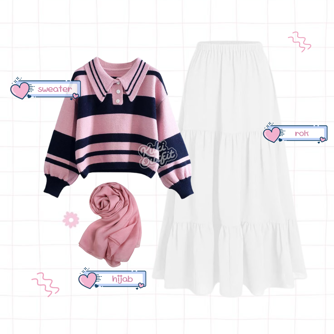 Maisha One Set Lucu Wanita Kekinian Korean Style Outfit Pink Navy KA48
